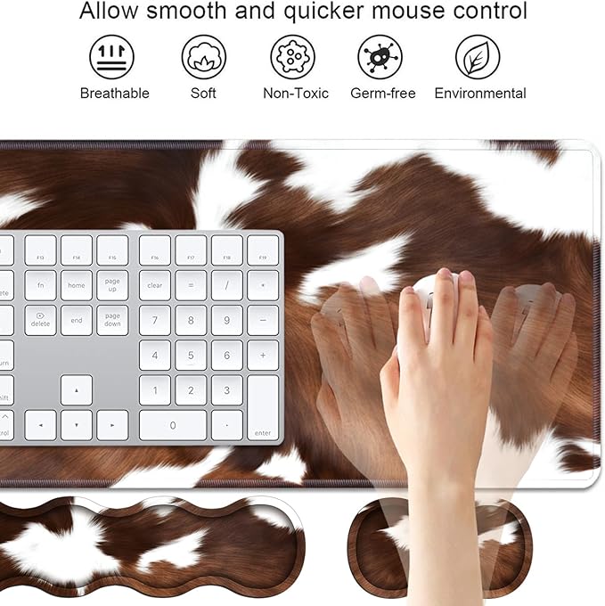 4 in 1 Ergonomic Keyboard Wrist Rest & Mouse Pad Wrist Rest Set, Large XXL Gaming Desk Mat 31.5"x 11.8" with Non-Slip Base, Memory Foam for Home Office Study Gaming, Brown Black Cow Print