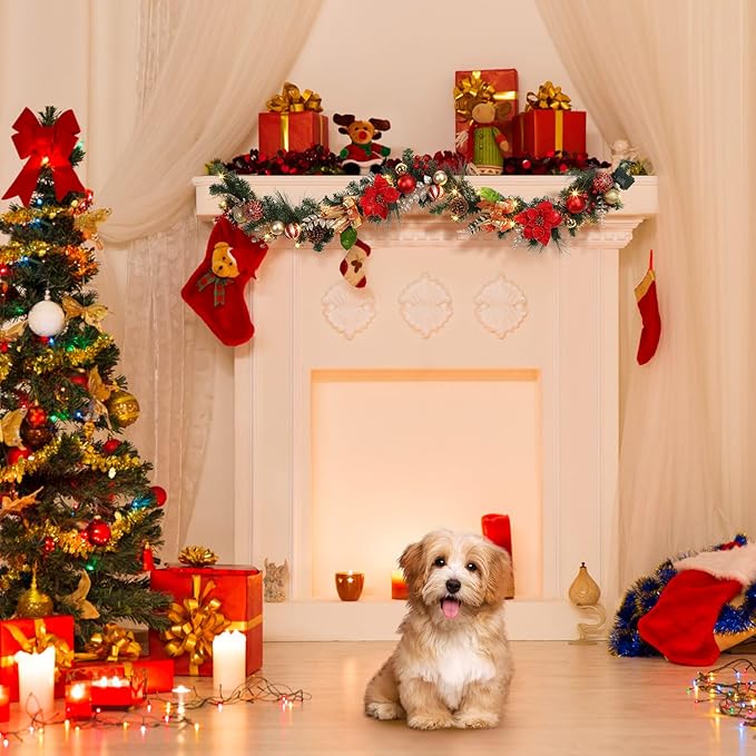 LinTimes Christmas Garland with Lights, Pre-lit Red Garland Decoration with 20 LEDs, Battery Operated Garland with Red Flowers Ball Ornaments Gold Bow, Mantle Fireplace Holiday Party Decoration