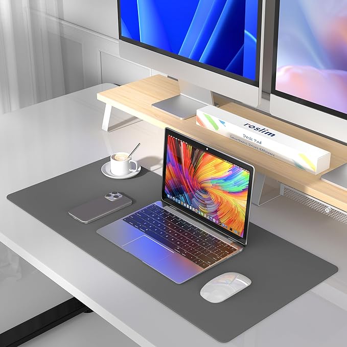 Leather Desk Pad Protector, Mouse Pad, Non-Slip Computer Mat for Desk, PU Leather Office Desk Mat for Home & Office, Waterproof Laptop Desk Blotter for Keyboard and Mouse, Deep Grey (17''X36'')