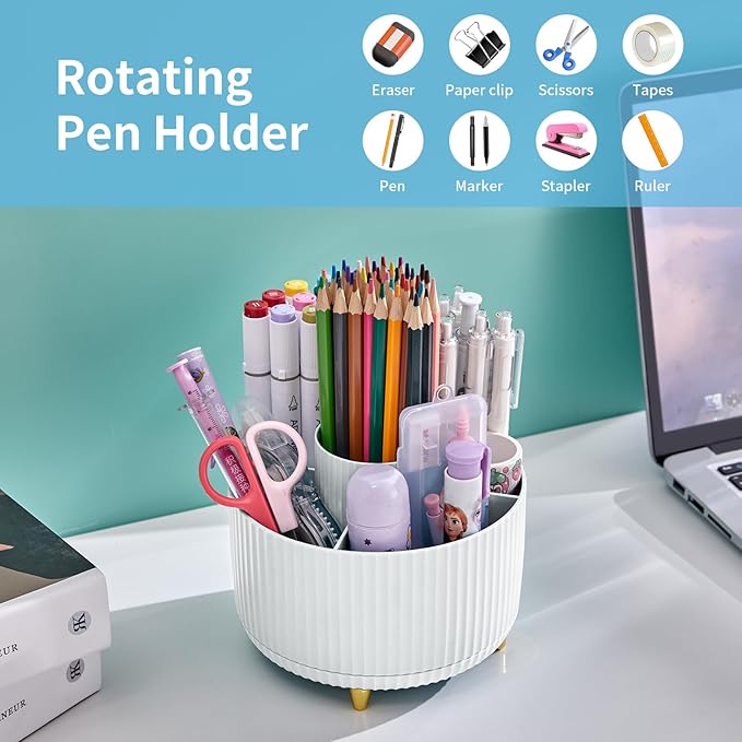 Marbrasse Desk Organizer, 360-Degree Rotating Pen Holder for Desk, Desk Organizers and Accessories with 5 Compartments Pencil Organizer, Art Supply Storage Box Caddy for Office, Home （White）