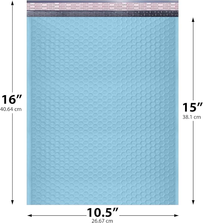 Light Blue 10.5x16 Inch Large Poly Bubble Mailers #5 | Padded Envelopes with Self Seal | Air Lined Cushioned Bubble Mailer | Usable Size 10.5x15 | 200 Pack Bulk | Lightweight shipping Bags