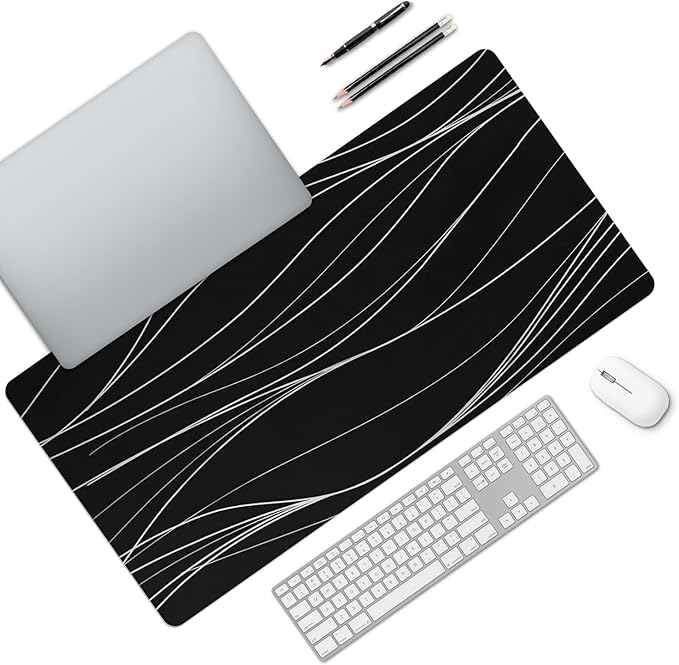 MAYCARI Abstract Lines Art Desk Mat Cool Desk Pad Mouse Pad Large White Wave Patterns Gaming Mousepad XXL Laptop Keyboard Desktop Writing Pad for Girls Students 31.5"X15.7"