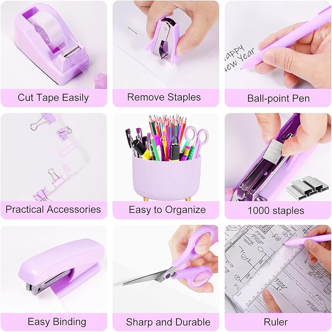Desk Organizers and Accessories Set with 360-Degree Rotating Pen Holder, Tape Dispenser, Stapler, Staple Remover, 1000 Staples, Tape, Clips Set, Ruler, Scissor, Pen