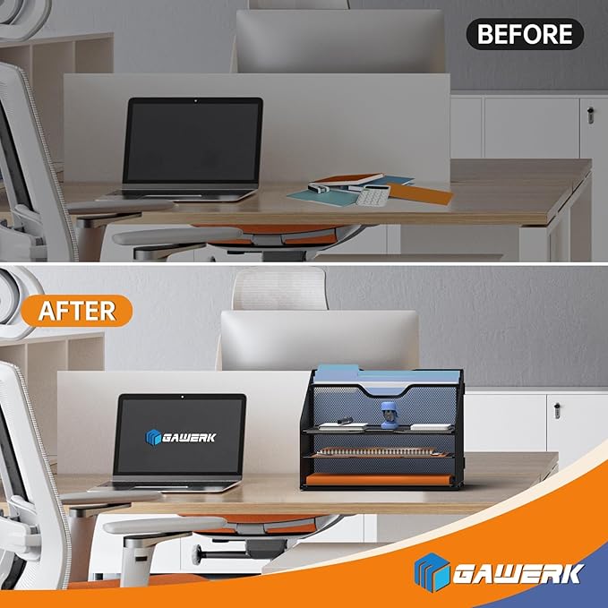 Letter Tray Organizer, Mesh Desk File Organizer with 3 Paper Trays and 2 Vertical Upright Section (Silver)