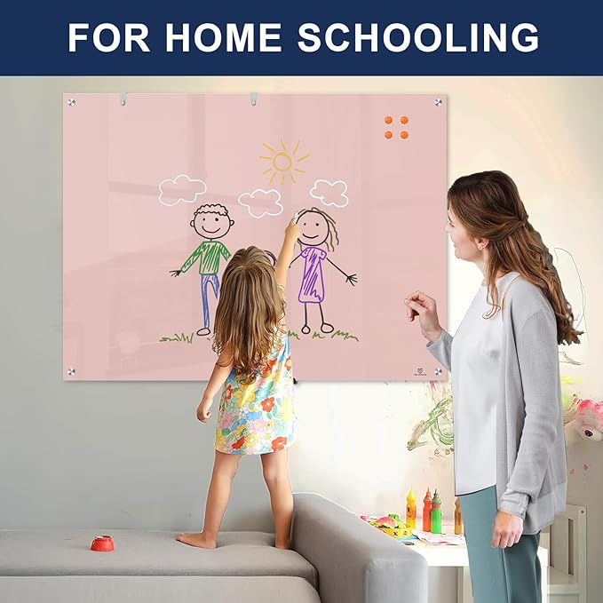 TSJ OFFICE Glass Dry-Erase Board - 48 x 36 Inches Wall Mounted Magnetic Whiteboard, Large Frameless Glass White Board for Office, Home & School, Pink