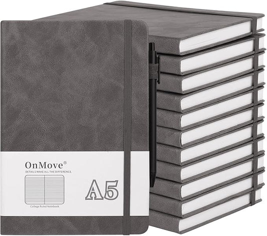 Notebooks Journal for Women Men 12 Pack Bulk Leather Hardcover with Pen Holder A5 160 Pages 100 GSM Thick Paper for Work School Lined Gray