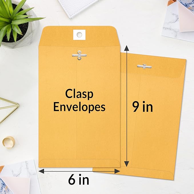 SUNEE Envelops, 6"x9" Brown Kraft Envelopes with Clasp Closure, 28-lb Paper Mailing Envelopes, 100 Count, Great for Filing, Storing or Mailing Documents