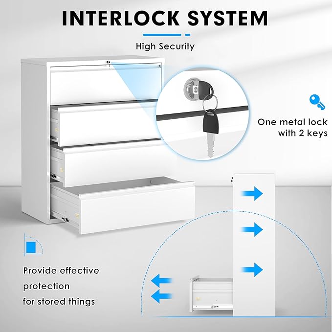 Pataku 4 Drawer File Cabinet with Lock, Metal Lateral File Cabinets for Home Office, Locking Filling Cabinets for Hanging Files Letter/Legal/F4/A4 Size (White)