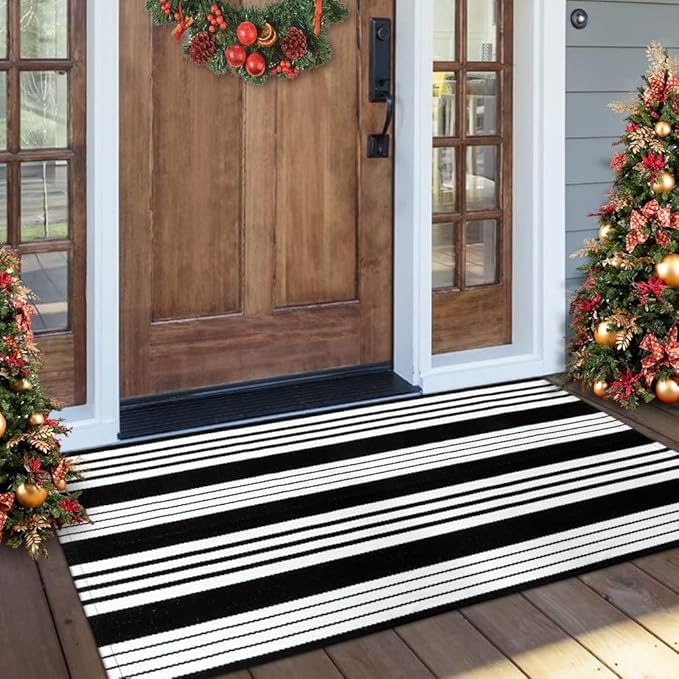 OJIA Cotton Black and White Striped Rug 2x4 Hand-Woven Indoor/Outdoor Area Rug Layered Door Mats for Front Porch/Entryway/Laundry Room/Bedroom/Outdoor