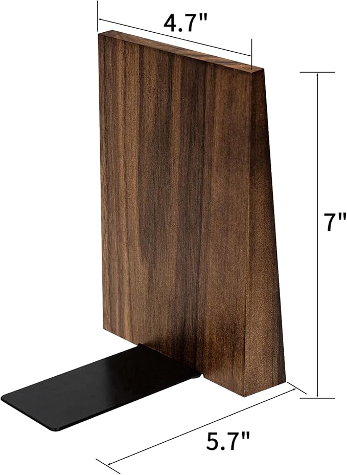 Luxdecor Walnut Book Ends Hold Heavy Books-7x6x5in Wood Bookends for Office Desk Non Skid, Decorative Walnut Bookend 2pack, Triangle Style