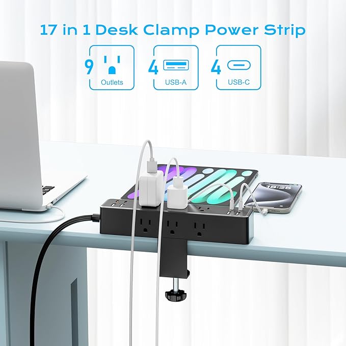 Flat Plug Desk Clamp Power Strip 10FT, 40W Total Fast Charging Station, Dual PD 20W USB C Ports, Desk Edge Mount Power Strip 9 AC Outlets 8 USB Ports(4 USB C) Surge Protector, Fit 1.7" Tabletop Edge