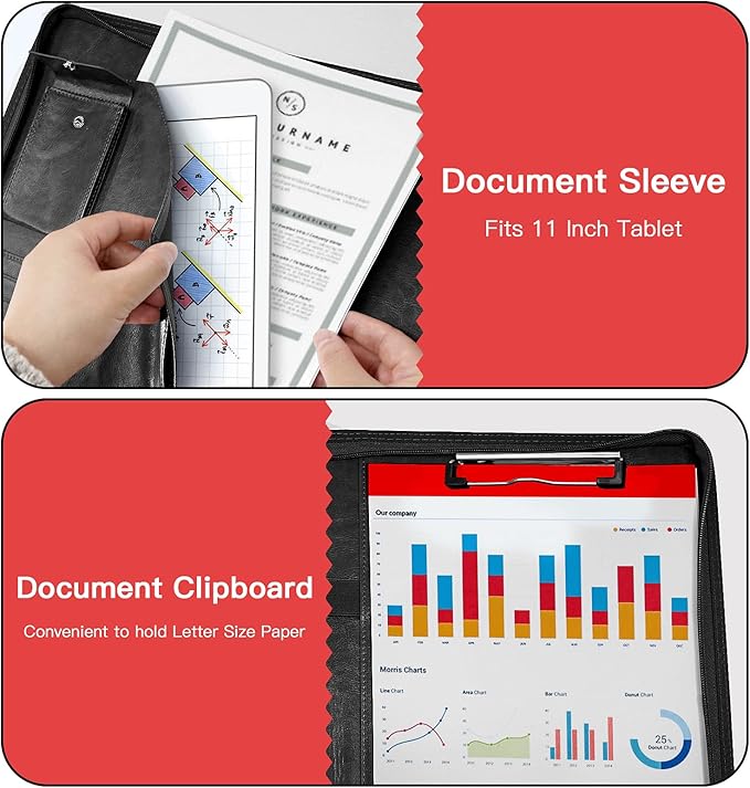 Zippered Padfolio Organizer, WRIYES Leather Planner Binder, 10.2 Inch Portfolio Folder for Documents, Letter Size Business Card Holder for Men&Women (Black)