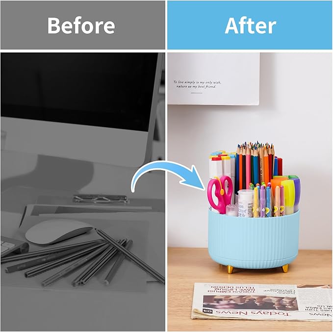 Marbrasse Desk Organizer, 360-Degree Rotating Pen Holder for Desk, Desk Organizers and Accessories with 5 Compartments Pencil Organizer, Art Supply Storage Box Caddy for Office, Home （Light Blue）