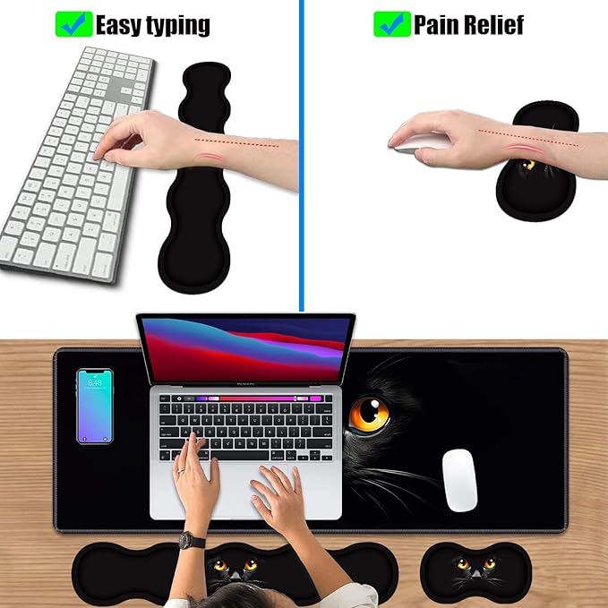 4 in 1 Ergonomic Keyboard Wrist Rest & Mouse Pad Wrist Rest Set, Large XXL Gaming Desk Mat 31.5"x 11.8" with Non-Slip Base, Memory Foam for Home Office Study Gaming, Black Cat Face