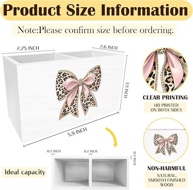 Leopard Coquette Bow Pen Holder for Desk, Pink and Cheetah Print Pencil Organizer, Preppy Trendy Leopard Bow Wooden Box Sign Desk Decor for Girls Bedroom Home Decoration