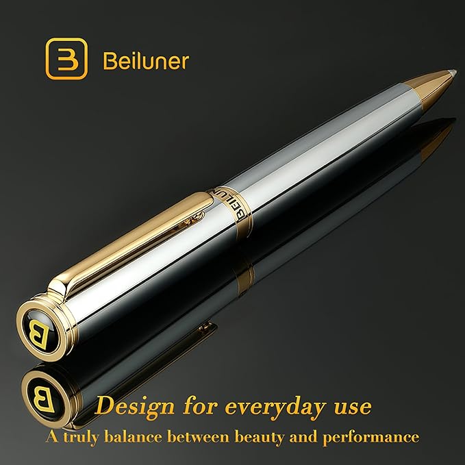 BEILUNER Silver Gold Gel Pen - Luxury Featuring sophisticated chrome finishes, with 24K Gold Accents, Best Pen Gift Set for Men & Women, Business Signature, Executive, Office Retractable Pens