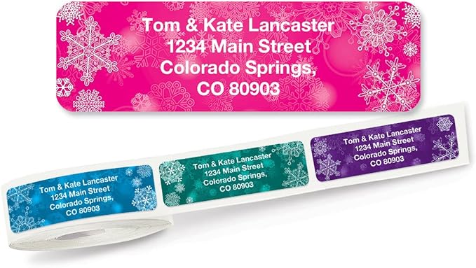 Snowflake Christmas Holiday Rolled Personalized Return Address Mailing Labels with Dispenser, Set of 250, 5 Designs, Small ¾ x 2½ Inch Size, Custom Self-Adhesive Sticker Roll, by Colorful Images