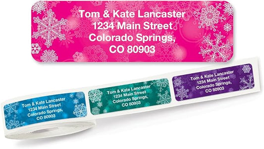 Snowflake Christmas Holiday Rolled Personalized Return Address Mailing Labels with Dispenser, Set of 250, 5 Designs, Small ¾ x 2½ Inch Size, Custom Self-Adhesive Sticker Roll, by Colorful Images