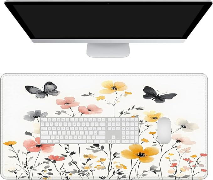 Mrcrypos Wildflowers Large Mouse Pad Butterfly Desk Mat for Desktop, Waterproof Desk Pad with Stitched Edges, Computer Keyboard Gaming Mouse Pads for Women Office Home 31.5" x 15.7"