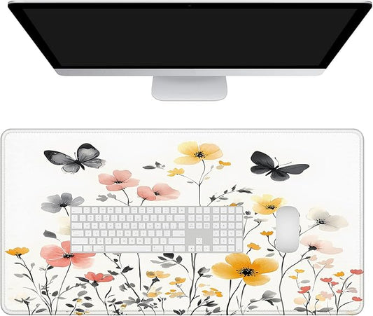 Mrcrypos Wildflowers Large Mouse Pad Butterfly Desk Mat for Desktop, Waterproof Desk Pad with Stitched Edges, Computer Keyboard Gaming Mouse Pads for Women Office Home 31.5" x 15.7"