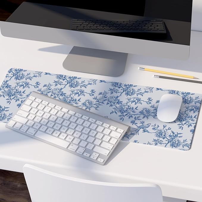 Light Blue Chinoiserie Mouse Pad,Vintage Blue and White Floral Desk Mat,XL Large Vintage Flowers and Birds Preppy Mouse Pad,Girly Laptop Desk Mat for Dorm Home Office,31.5x11.8 Inch