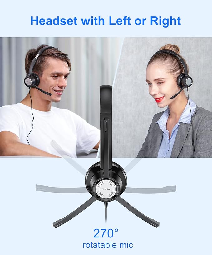 New bee USB Headset with Microphone for PC Computer Headset, Single Ear Noise Cancelling Mic, Call Center Wired Headphone with 3.5 mm/USB/Type C for Skype Zoom Tablet Laptop