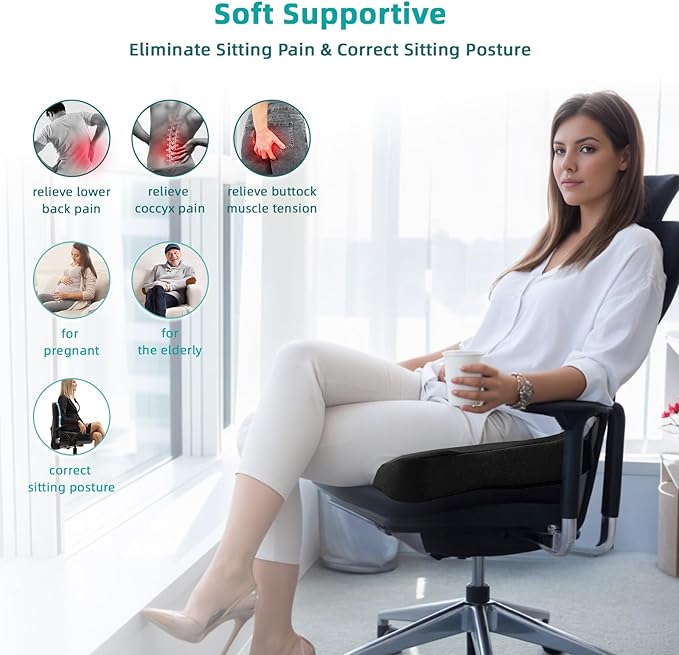 Memory Foam Seat Cushion - Seat Cushion for Office Chairs - Ergonomic Cushions Pad Pillow for Pressure Relief Sciatica & Pain Relief, Seat Cushion with a Storage Bag (Black)