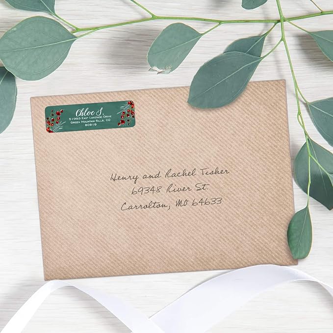 Pine and Berry Rolled Address Labels/Roll of 250 Personalized Return Address Labels/Designer Return Address Stickers in Elegant Plastic Dispenser