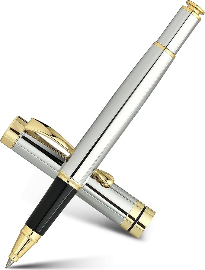 BEILUNER Ballpoint Pens, Stunning Bright Silver Chrome Metal Pen with Golden Trim, Best Ball Pen Gift Set for Men & Women, Professional, Executive, Office,Fancy-Gift Box with 0.5mm Black Extra Refill