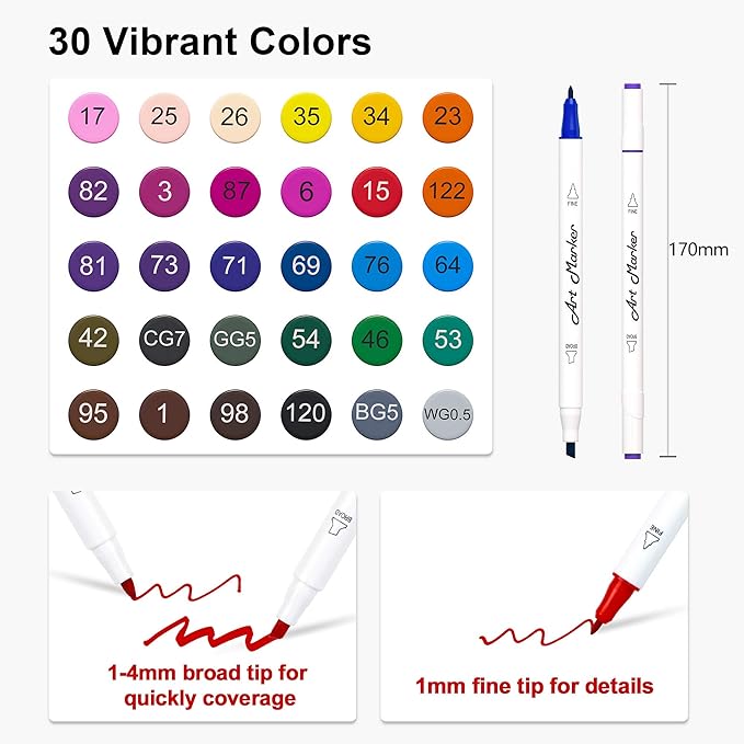 Lelix 30 Colors Art Markers, Dual Tip Permanent Marker Pens Highlighters Perfect for Kids Adults Artist Drawing Sketching Card Making & Coloring Books