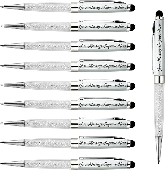 Ancolo Custom Personal Office Pens with Stylus Tip - Quality pens Fine point -Engraved Team Name, Phone Number, Slogan Perfect for Bank, Office, Hotel Lobbies (White) 10PCS/Pack
