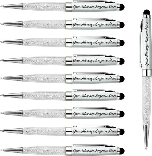 Ancolo Custom Personal Office Pens with Stylus Tip - Quality pens Fine point -Engraved Team Name, Phone Number, Slogan Perfect for Bank, Office, Hotel Lobbies (White) 10PCS/Pack