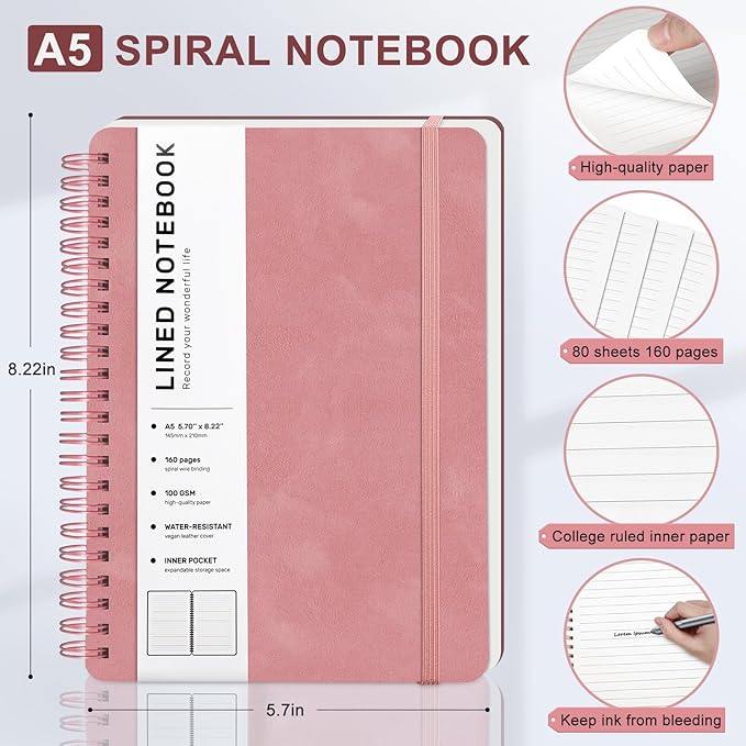 Light Red Lined Spiral Journal Notebook with 160 Pages, 8×5.7in, A5 Spiral Notebook, Journaling Notebooks for Work, School, Women, Men, College Ruled Spiral Notebook, Hardcover Leather Journals