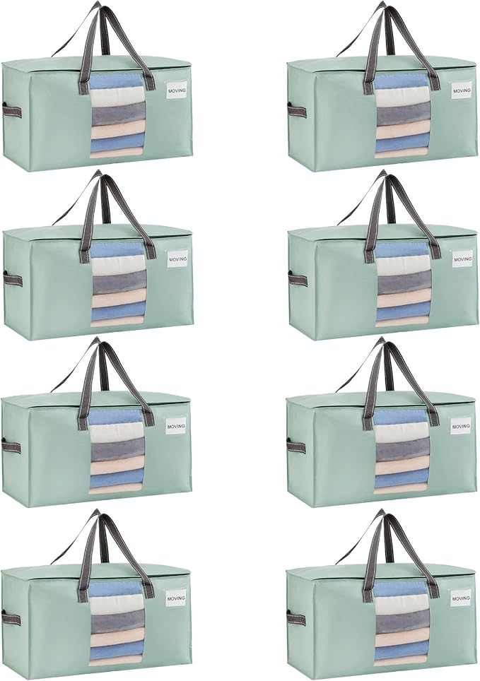 VENO 8 Pack Moving Bags, Comforter and Blanket Storage Bags for Closet, Moving Boxes, Boxes with Lids Alternative, College Dorm Packing Supplies, Foldable Heavy-Duty Tote (Light Green Matte, 8 Pack)