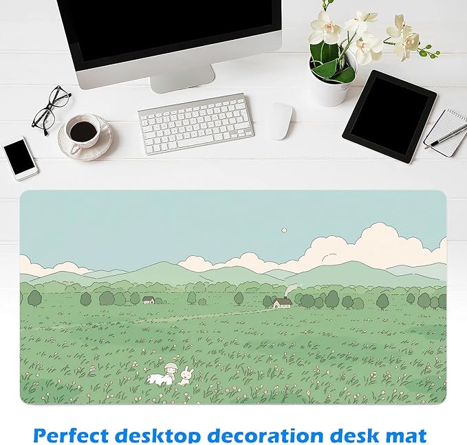 MAYCARI Cute Desk Mat Kawaii Mousepad, Anime Aesthetics Desk Pad XXL Cute Green Nature Mouse Pad Computer Keyboard Mat, Office Desk Pad Protector 31.5"X15.7"