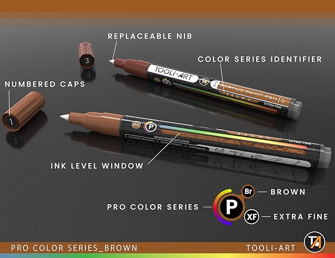 Acrylic Paint Pens 22 Brown Tones Assorted Pro Color Series Markers Set 0.7mm Extra Fine Tip for Rock Painting, Glass, Mugs, Wood, Metal, Canvas, Projects, Non Toxic, Waterbased, Quick Drying