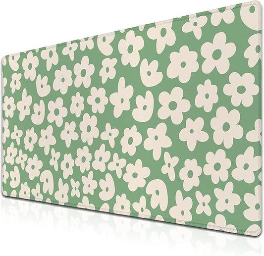 Large Gaming Mouse Pad - Green Keyboard Mouse Pads with Non-Slip Rubber Base, 35.4" X 15.7" for Game Office, Groovy Flowers