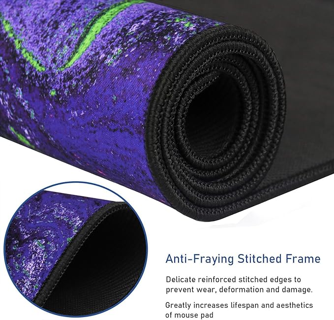 Large Mouse Pad with Stitched Edges, Durable Non-Slip Natural Rubber Base, Waterproof Computer Keyboard Pad Mat for Esports Pros/Gamer/Desktop/Office/Home - Purple Green