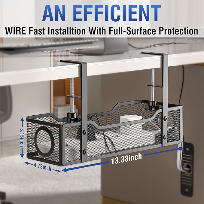 Under Desk Cable Management Tray - GZOKMOG No Drill Cord Organizer with Clamp, Workspace Organizers for Cords, Metal Mesh Wire Management for Home and Office, 2 Pack Black, 13.38 inch