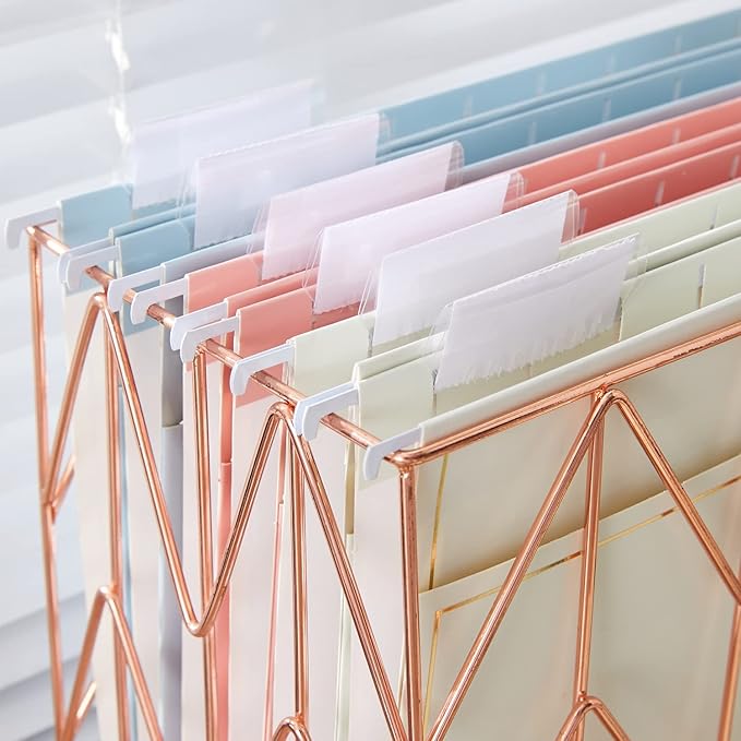 Y YOMA 6 Pack Rose Gold Hanging File Folders with Pocket Letter Size Decorative File Folder Cute Pretty Hanging Folder for Office Home School with 1/5-Cut Adjustable Tabs, Outer Storage Pockets