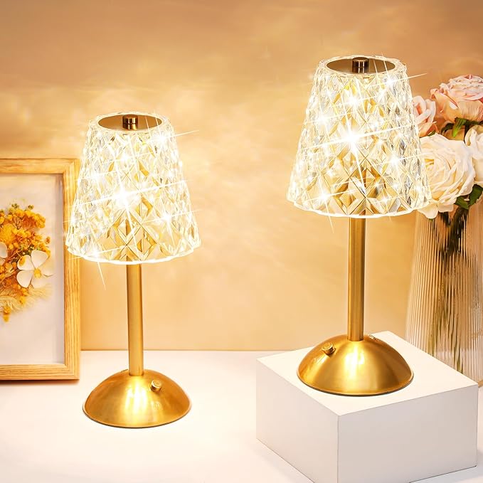 Liliful 1 Pcs LED Portable Cordless Table Lamp Touch Battery Operated Rechargeable Gold Desk Lamp 3 Color Dimmable for Bedroom Living Room Dining (Gold,Diamond Style)