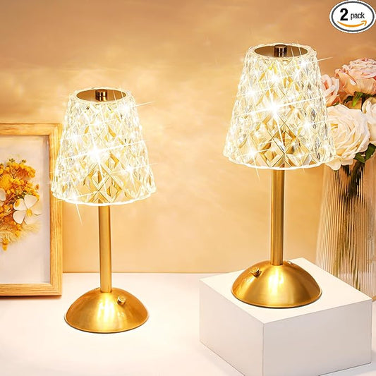 Liliful 2 Pcs LED Portable Cordless Table Lamp Touch Battery Operated Rechargeable Gold Desk Lamp 3 Color Dimmable for Bedroom Living Room Dining (Gold,Diamond Style)