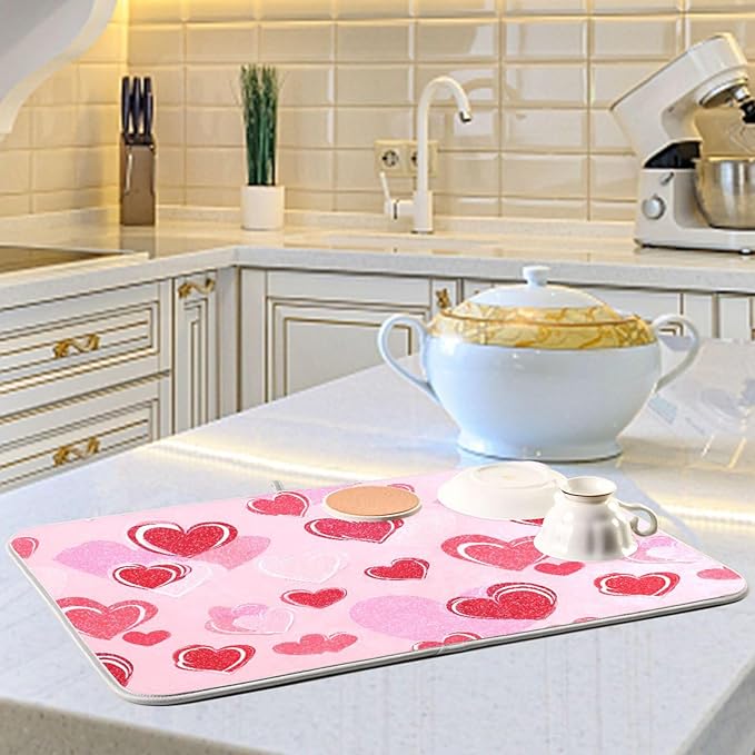 Mothers Valentines Day Hearts Dish Drying Mat 18 X 24 Inch Stars Romantic Red Pink Glitter Love Heart Dry Dishes Pads Drainer Mats Tableware Protector for Home Kitchen Countertops Counter Decorations