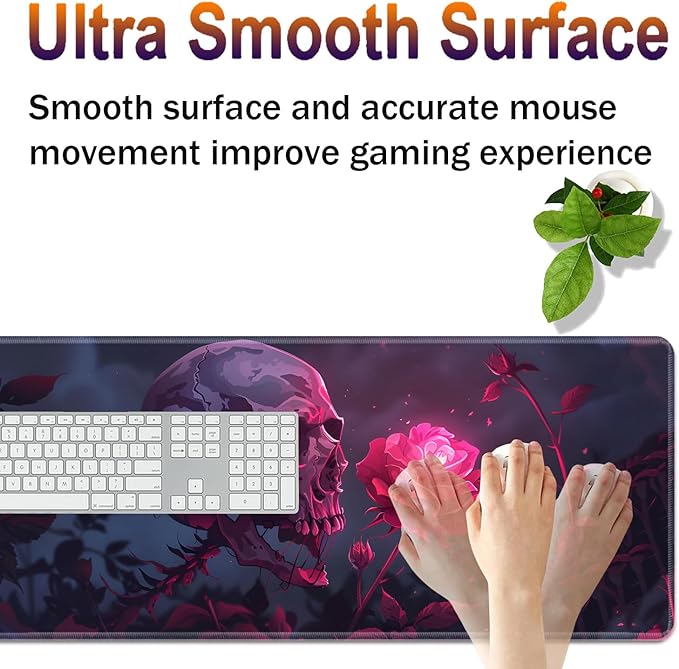 Large XXL Gaming Desk Mat 31.5"x 11.8", Ergonomic Keyboard Wrist Rest & Mouse Pad Wrist Rest + Coaster Set, Non-Slip Base, Memory Foam, Office and Home, Rose Skull