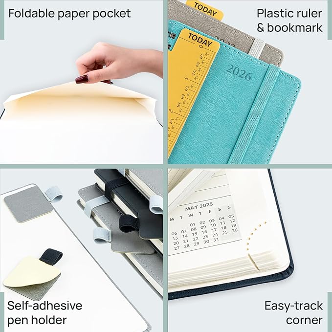 POPRUN Monthly Planner 2025-2026 Pocket Size (4" x 6.25") 18 Months Calendar (Jul 2025 - Dec 2026) - 4 Pages per Month with Monthly Expense & Notes, Sunday Start, Leather Cover - Night Sky Blue