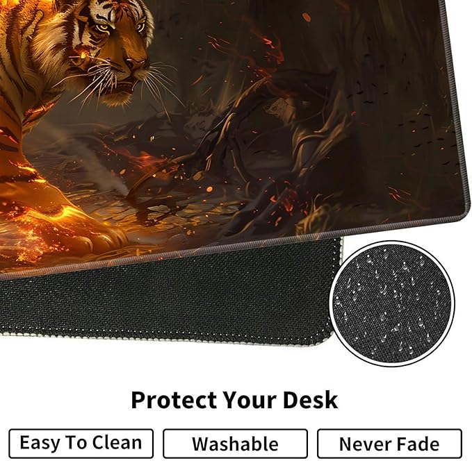 Large XXL Gaming Desk Mat 31.5"x 11.8", Ergonomic Keyboard Wrist Rest & Mouse Pad Wrist Rest + Coaster Set, Non-Slip Base, Memory Foam, Office and Home, Fire Tiger