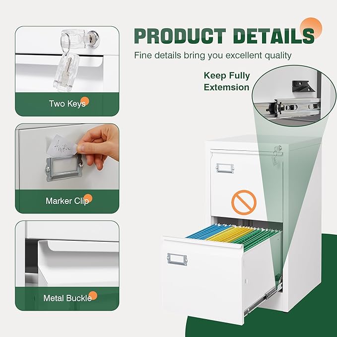 Letaya 2 Drawer File Cabinet with Lock,Metal Office Small Filing Cabinets for Home Office- Storage A4/F4/Letter/Legal -Assembly Required (White)