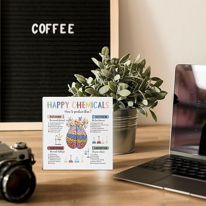 Mental Health Gifts Office Decor, Happy Chemicals Motivational Desk Sign, Counseling Office Must Haves, Positive Affirmations Decorative Accessories Inspirational Tabletop Decor, 5x5 Inch