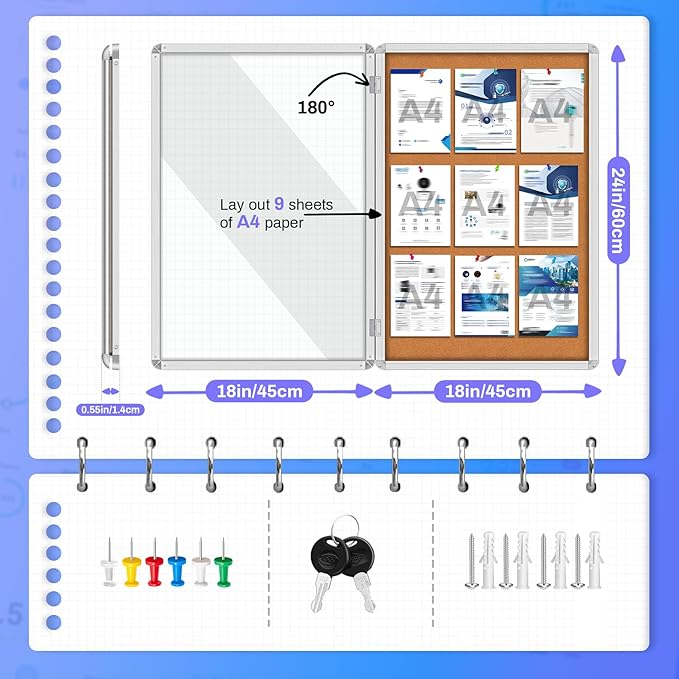 Magula 24"x18" Enclosed Cork Bulletin Board Tamper-Proof Dispaly Case, Aluminium Frame, Shatter Resistant Lockable Bulletin Board, Enclosed Cork Board for School, Office, Commercial, Hospital etc