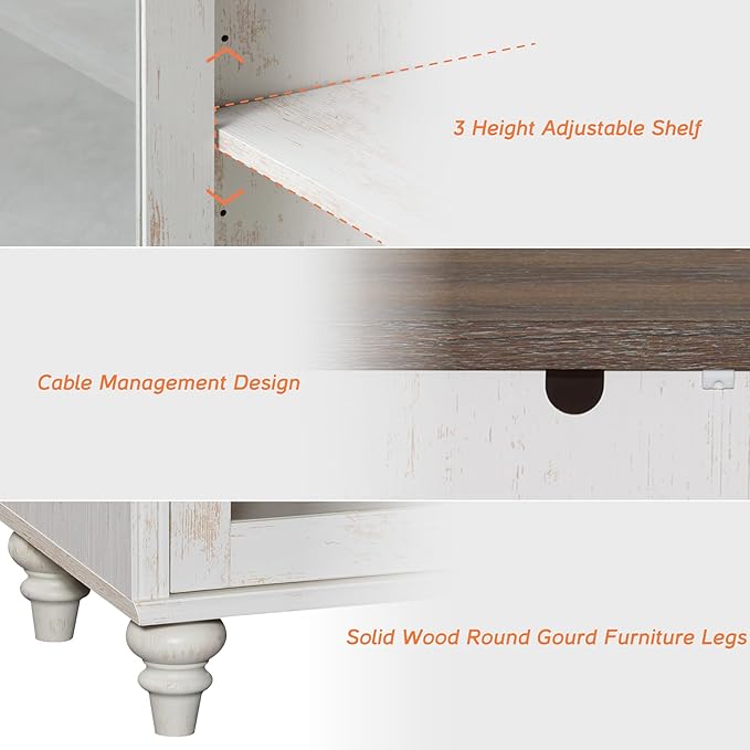 WAMPAT 5 Tier Bookshelf, Bookcase with Glass Doors,Large Farmhouse Display Book Shelf with Adjustable Shelves and Storage Cabinet，Library Wood Bookshelves for Living Room,Kitchen, Rustic White (2PCS)